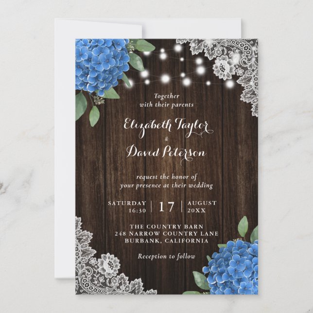 Rustic Blue Hydrangea Wedding Invitations (Front)