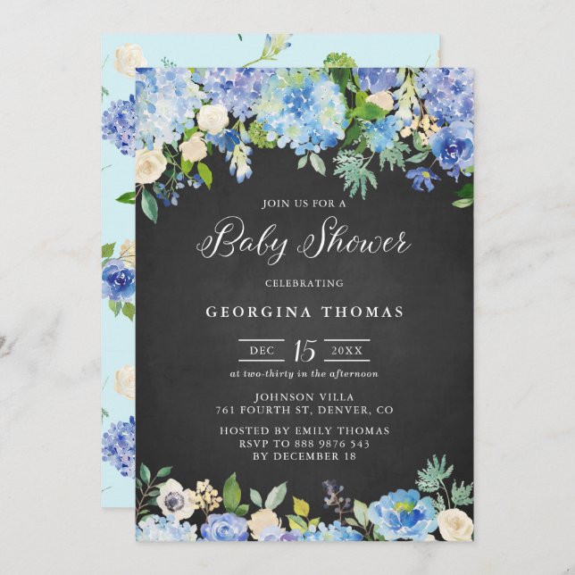 Rustic Blue Hydrangeas Chalkboard Baby Shower Invitation (Front/Back)