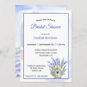 Rustic Blue Lavender Birdhouse Bridal Shower Invitation