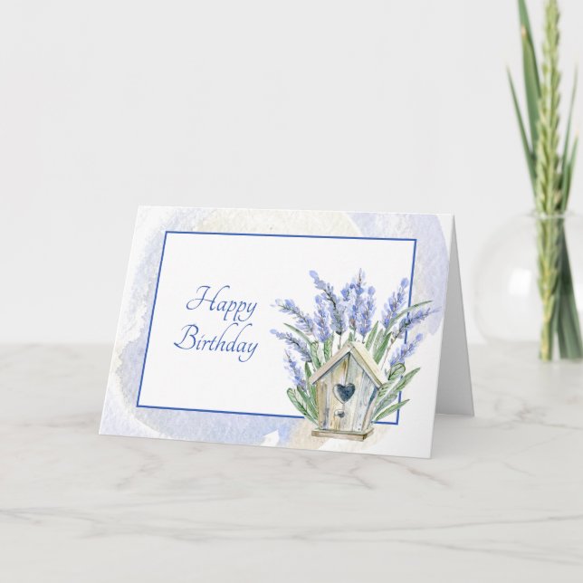 Rustic Blue Lavender Birdhouse Floral Birthday Card (Front)