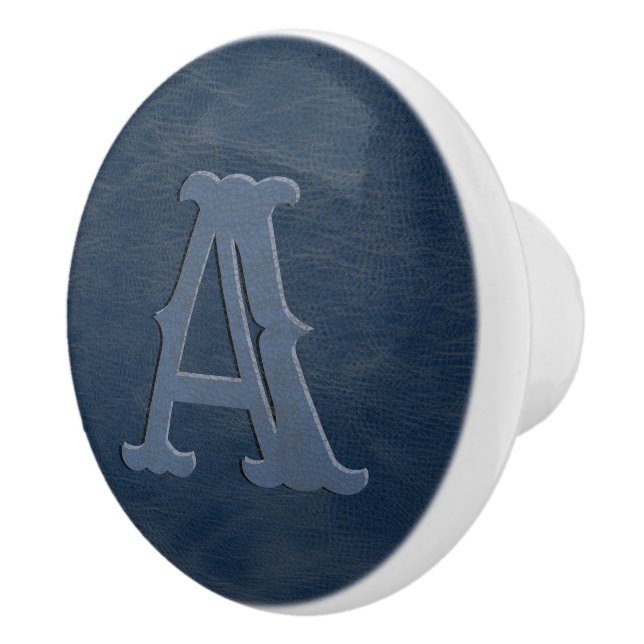 Rustic Blue Leather Texture Monogram Initial Ceramic Knob (Right)
