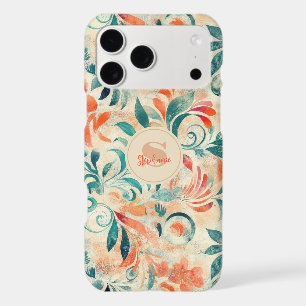 Rustic Blue Leaves and Red-Orange Floral Pattern