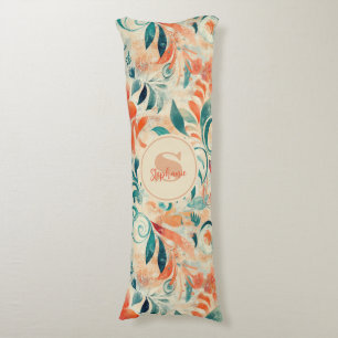 Rustic Blue Leaves and Red-Orange Floral Pattern Body Cushion