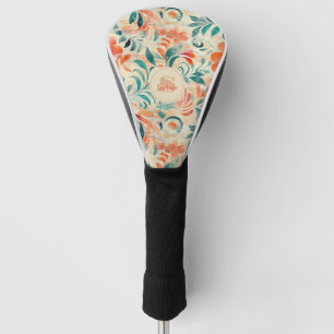 Rustic Blue Leaves and Red-Orange Floral Pattern Golf Head Cover