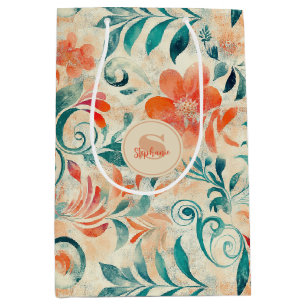 Rustic Blue Leaves and Red-Orange Floral Pattern Medium Gift Bag