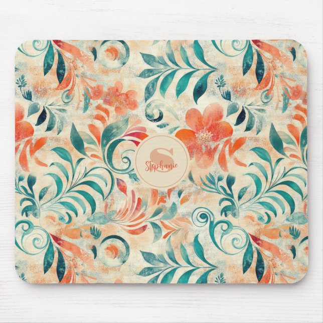 Rustic Blue Leaves and Red-Orange Floral Pattern Mouse Pad (Front)