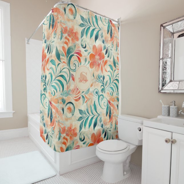 Rustic Blue Leaves and Red-Orange Floral Pattern Shower Curtain (In Situ)