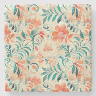 Rustic Blue Leaves and Red-Orange Floral Pattern Stone Coaster