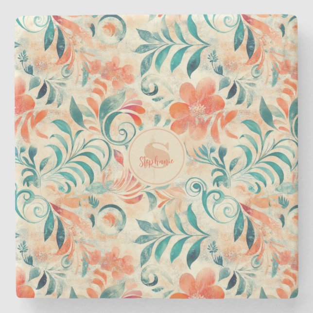 Rustic Blue Leaves and Red-Orange Floral Pattern Stone Coaster (Front)