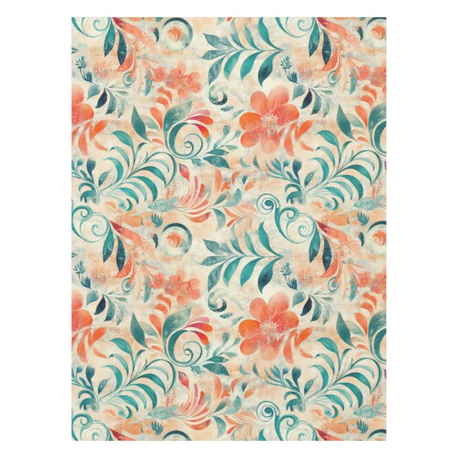 Rustic Blue Leaves and Red-Orange Floral Pattern Tablecloth (Front)