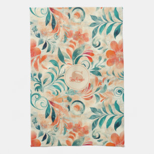 Rustic Blue Leaves and Red-Orange Floral Pattern Tea Towel