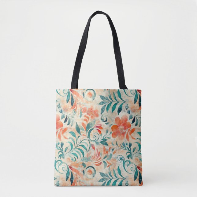 Rustic Blue Leaves and Red-Orange Floral Pattern Tote Bag (Front)