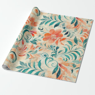 Rustic Blue Leaves and Red-Orange Floral Pattern Wrapping Paper