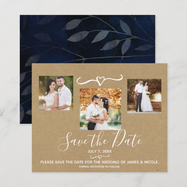 Rustic Blue Leaves Wedding Photo Save the Date (Front/Back)