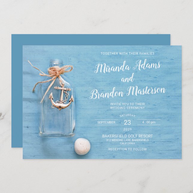 Rustic Blue, Little Flask, Anchor, Beach Wedding Invitation (Front/Back)
