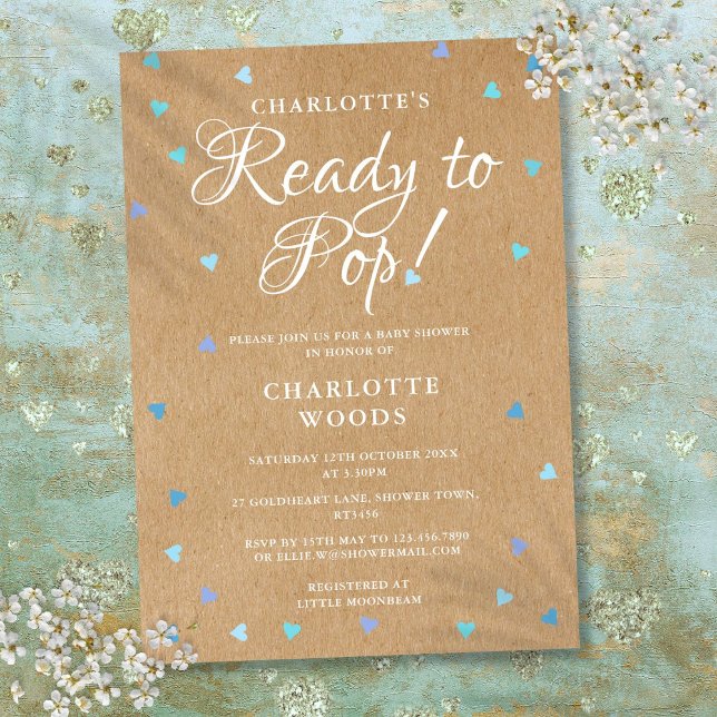 Rustic Blue Love Hearts Ready to Pop Baby Shower Invitation (Rustic Blue Love Hearts Ready to Pop Baby Shower Invitation)