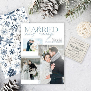 Rustic Blue Married & Merry Newlywed Photo Collage Holiday Card