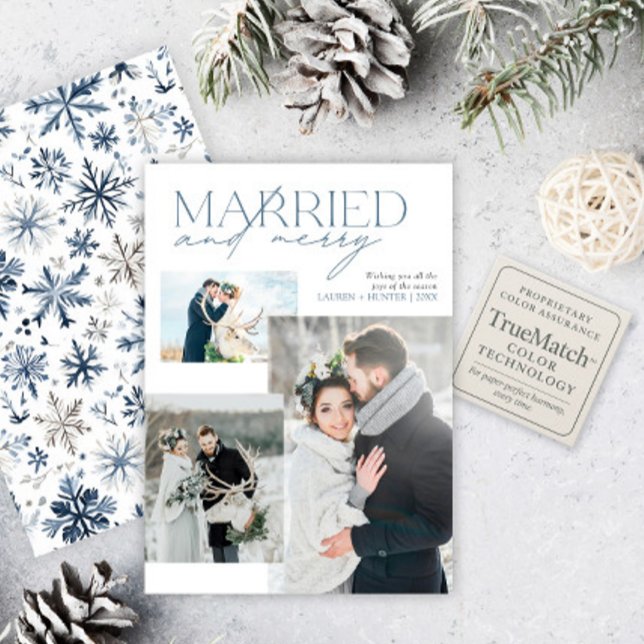 Rustic Blue Married & Merry Newlywed Photo Collage Holiday Card (Creator Uploaded)