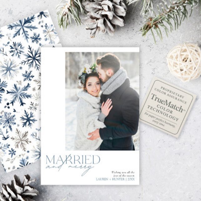 Rustic Blue Married & Merry Newlywed Photo Holiday Card (Creator Uploaded)