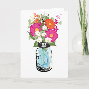 Rustic Blue Mason Jar and Gerber Daisies Blank Thank You Card