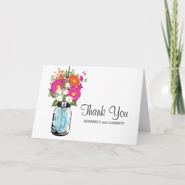 Rustic Blue Mason Jar and Gerber Daisies Thank You Card (Front)