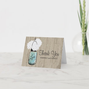 Rustic Blue Mason Jar and Hydrangeas Thank You Card