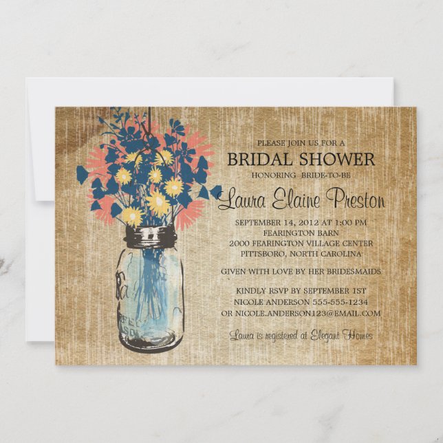 Rustic Blue Mason Jar and Wildflower Daisies Invitation (Front)