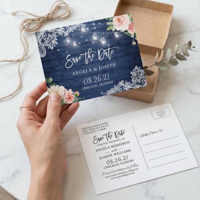 Rustic Blue Mason Jar Lights Wedding Save the Date Invitation Postcard (Creator Uploaded)