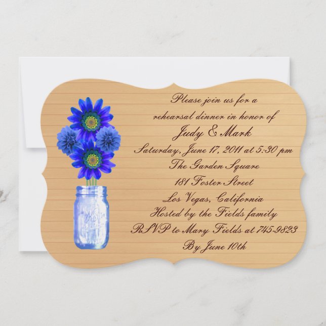 Rustic Blue Mason Jar Rehearsal Dinner Invite (Front)