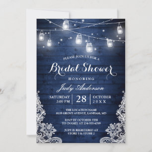 Rustic Blue Mason Jars Lights Lace Bridal Shower Invitation