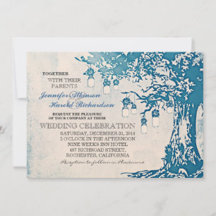 Rustic blue mason jars tree wedding invitations