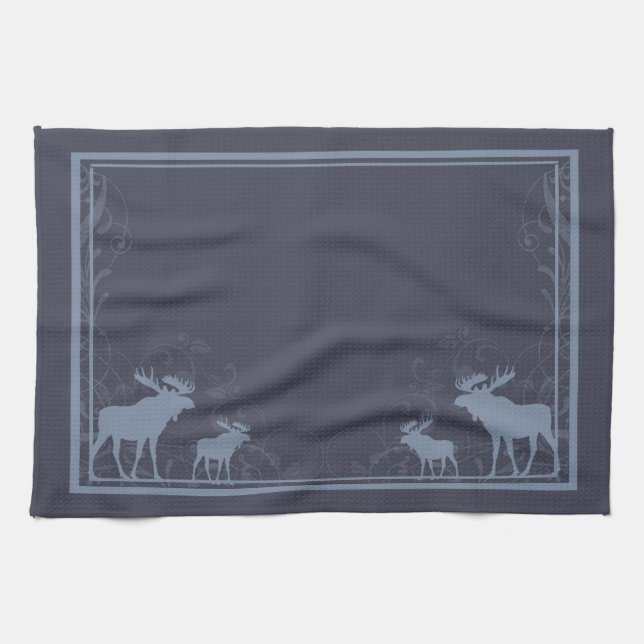 Rustic blue moose swirl kitchen towel (Horizontal)