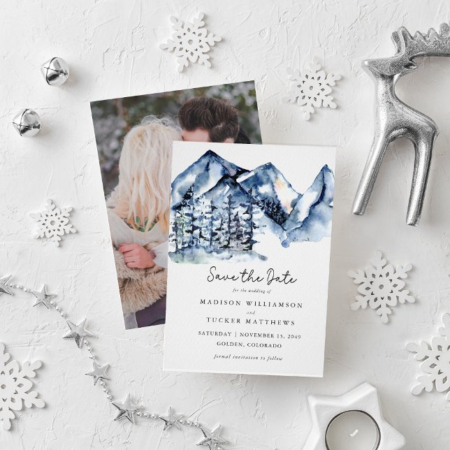 Rustic Blue Mountain Watercolor Save the Date  (Creator Uploaded)