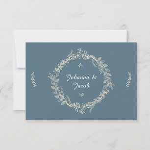 Rustic Blue Outlined Floral Wreath Wedding RSVP Card