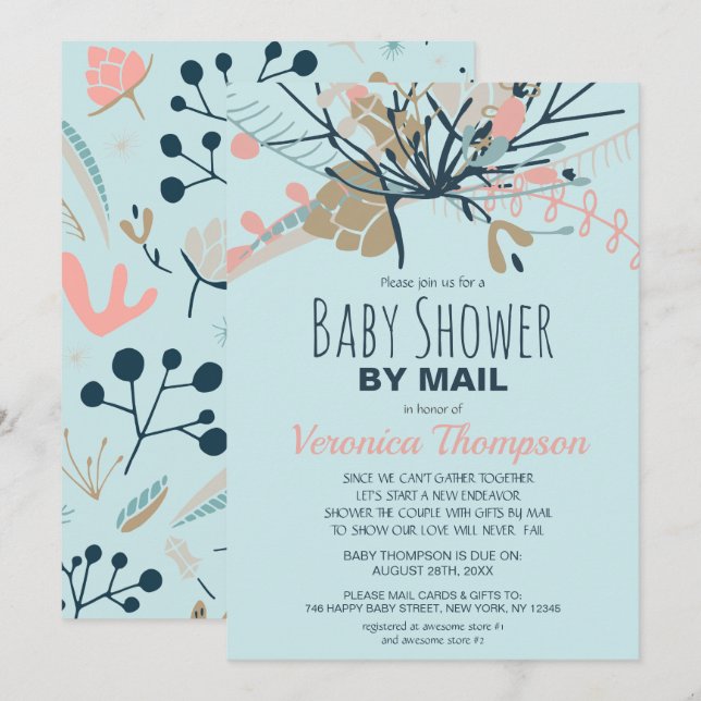 Rustic Blue Pastel Botanical Baby Shower By Mail Invitation (Front/Back)