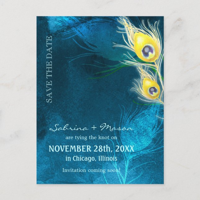 Rustic Blue Peacock Wedding Save the Date Announcement Postcard (Front)