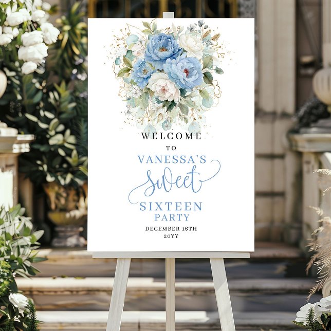 Rustic Blue Peony Gold Sweet 16 Welcome Sign (Rustic Blue Peony Gold Sweet 16 Welcome Sign)