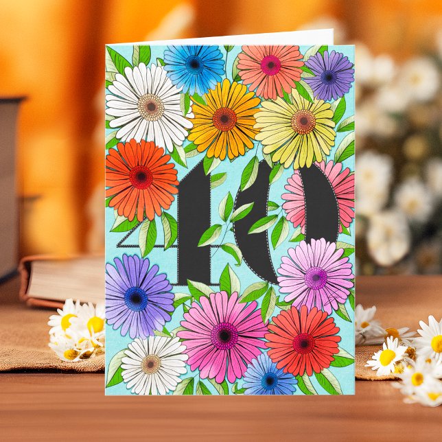 Rustic Blue Personalised 40th Birthday Floral Card (Creator Uploaded)