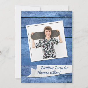 Rustic Blue Photo Birthday Party Invitation