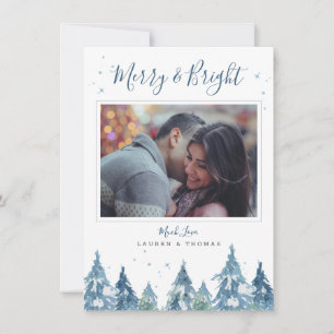 Rustic Blue Pine Forest Watercolor Holiday Photo Card