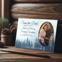 Rustic Blue Pine Forest with Oval Photo Wedding