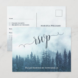 Rustic Blue Pine Trees Outdoor Wedding RSVP Postcard