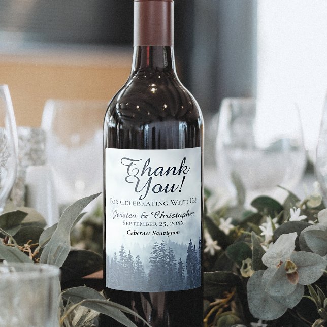 Rustic Blue Pine Trees Wedding Thank You Wine Label (Creator Uploaded)