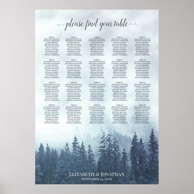 Rustic Blue Pines 20 Table Wedding Seating Chart (Front)