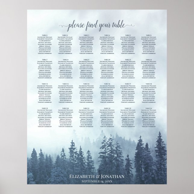 Rustic Blue Pines 24 Table Wedding Seating Chart (Front)