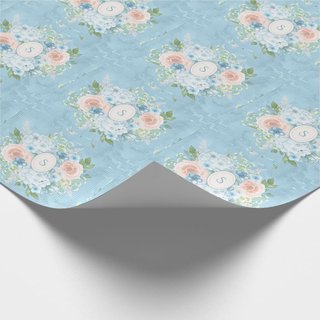 Rustic Blue Pink Monogram Floral Shabby Chic  Wrapping Paper (Corner)