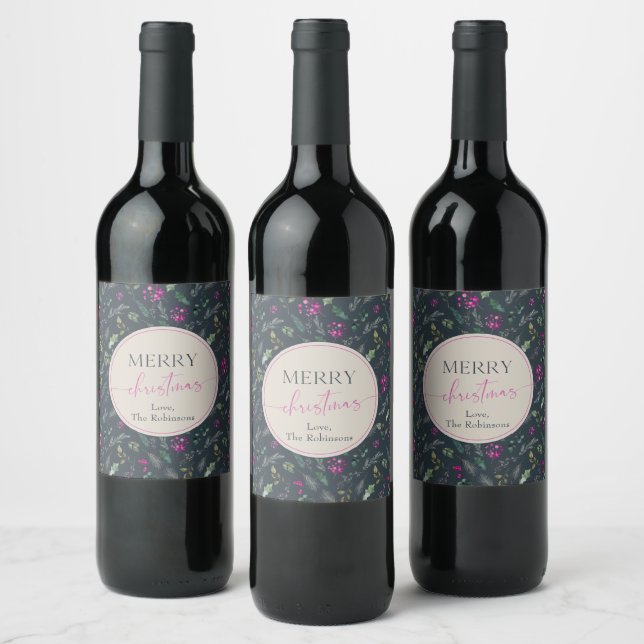 Rustic Blue Pink Tone Botanical Greenery Christmas Wine Label (Bottles)