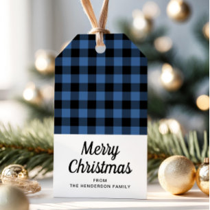 Rustic Blue Plaid Checks Merry Christmas Gift Tags