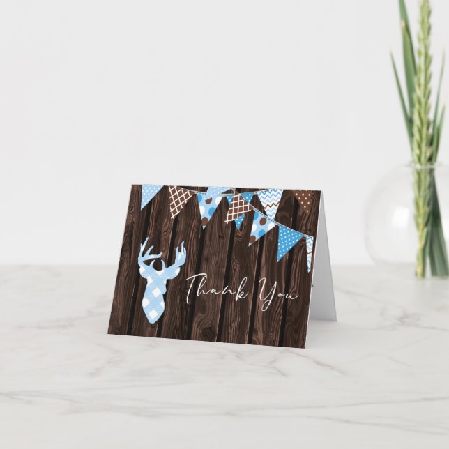 Rustic Blue Plaid Deer Baby Shower Thank You Card (Front)