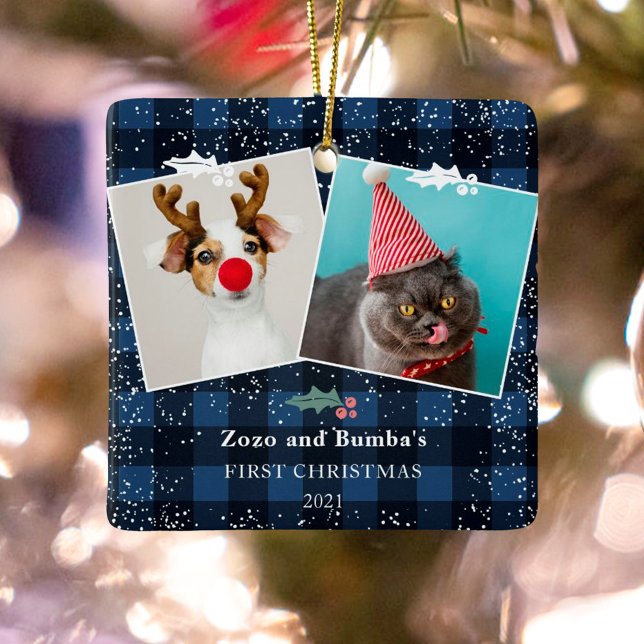 Rustic blue plaid flannel mistletoe snow 2 photos ceramic ornament (Creator Uploaded)